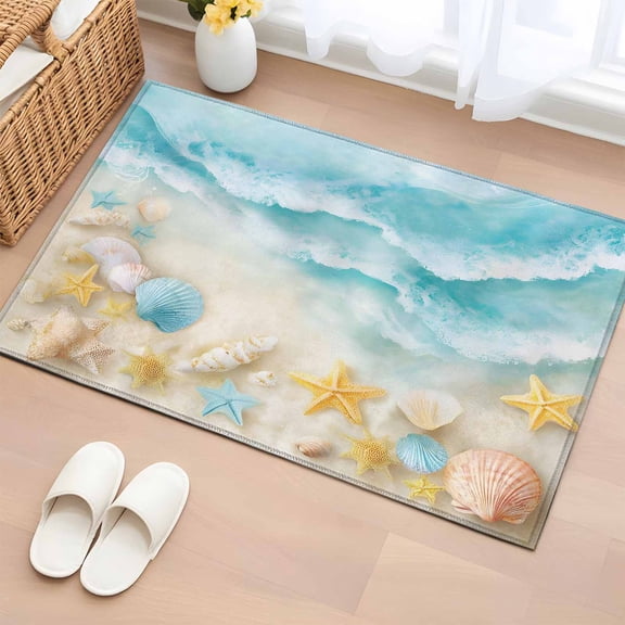 2x3 Ft Entryway Area Rug, Blue Summer Beach Kitchen Rug Runner Washable Floor Mat, Coastal Starfish Shell Nautical Ocean Non Slip Indoor Door Mat Throw Carpet for Bathroom Living Room Bedroom