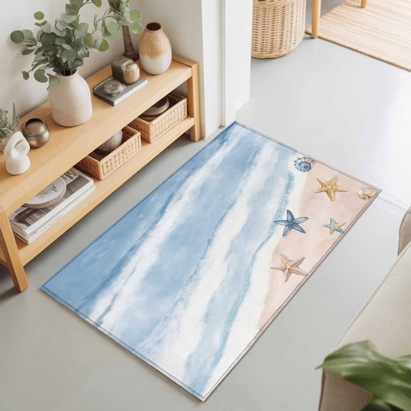2x3 Ft Entryway Area Rug, Blue Summer Beach Kitchen Rug Runner Washable Floor Mat, Coastal Waves Ocean Starfish Conch Non Slip Indoor Door Mat Throw Carpet for Bathroom Living Room Bedroom