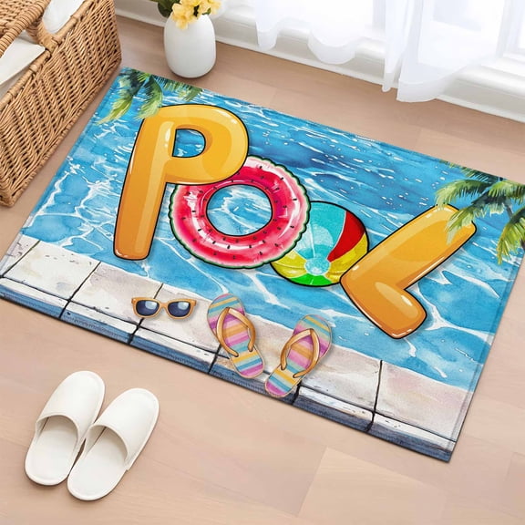 2x3 Ft Entryway Area Rug, Blue Summer Pool Kitchen Rug Runner Washable Floor Mat, Watermelon Swimming Ring Slippers Non Slip Indoor Door Mat Throw Carpet for Bathroom Living Room Bedroom