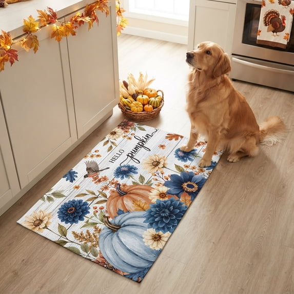 2x3 Ft Entryway Area Rug, Blue Thanksgiving Kitchen Rug Runner Washable Floor Mat, Fall Pumpkin Flowers Leaf Bird Wooden Non Slip Indoor Door Mat Throw Carpet for Bathroom Living Room Bedroom