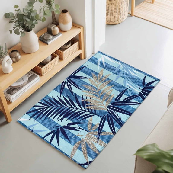 2x3 Ft Entryway Area Rug, Blue Tropical Leaves Kitchen Rug Runner Washable Floor Mat, Summer Botanical Ferns Stripes Non Slip Indoor Door Mat Throw Carpet for Bathroom Living Room Bedroom