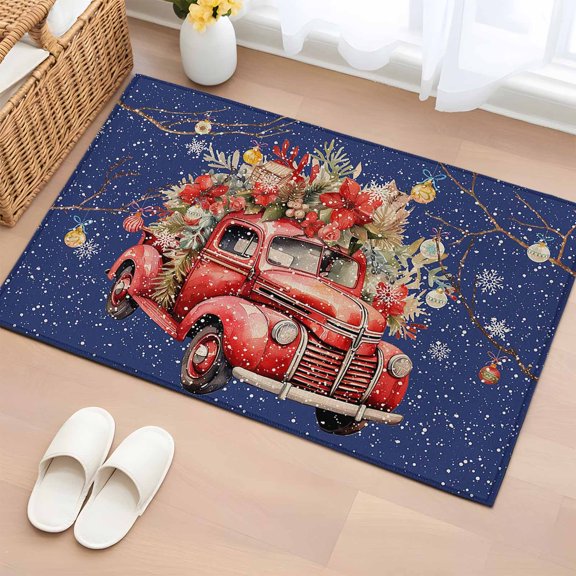 2x3 Ft Entryway Area Rug, Blue Truck Christmas Kitchen Rug Runner Washable Floor Mat, Xmas Balls Poinsettia Botanical Rustic Non Slip Indoor Door Mat Throw Carpet for Bathroom Living Room Bedroom