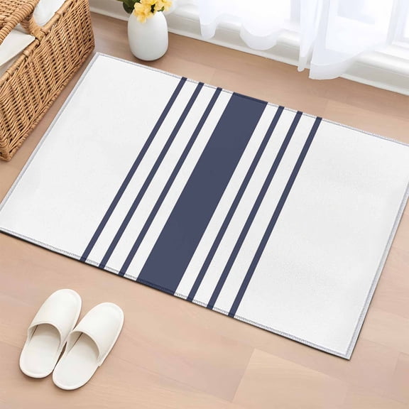 2x3 Ft Entryway Area Rug, Blue Vertical Striped Kitchen Rug Runner Washable Floor Mat, White Minimalist Modern Non Slip Indoor Door Mat Throw Carpet for Bathroom Living Room Bedroom