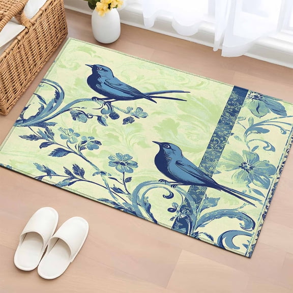 2x3 Ft Entryway Area Rug, Blue Vintage Bird Kitchen Rug Runner Washable Floor Mat, Retro Sage Green Summer Botanical Non Slip Indoor Door Mat Throw Carpet for Bathroom Living Room Bedroom