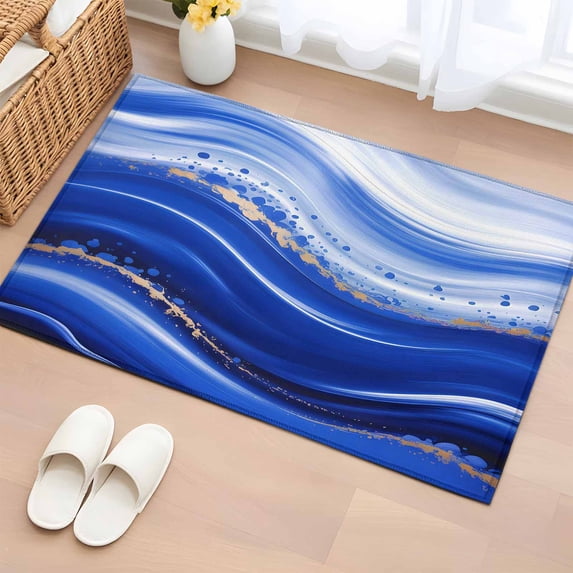 2x3 Ft Entryway Area Rug, Blue Waves Abstract Kitchen Rug Runner Washable Floor Mat, Ocean Fluid Gradient Luxury Non Slip Indoor Door Mat Throw Carpet for Bathroom Living Room Bedroom
