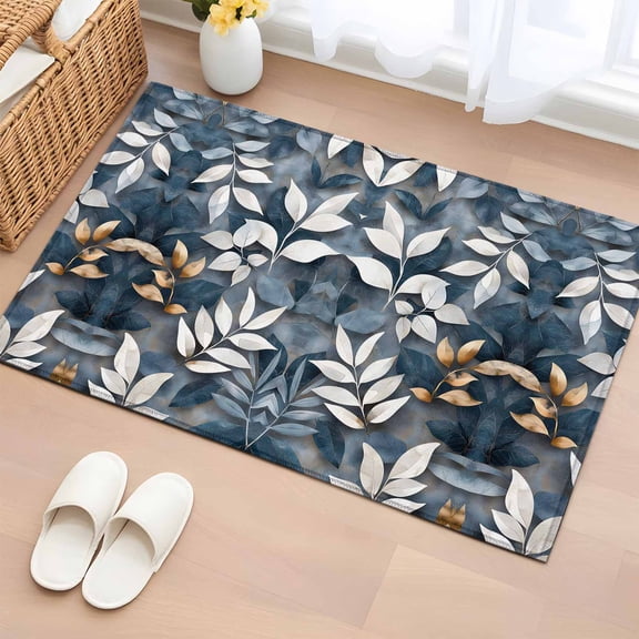 2x3 Ft Entryway Area Rug, Blue White Leaves Kitchen Rug Runner Washable Floor Mat, Vintage Ethnic Boho Botanical Branch Non Slip Indoor Door Mat Throw Carpet for Bathroom Living Room Bedroom