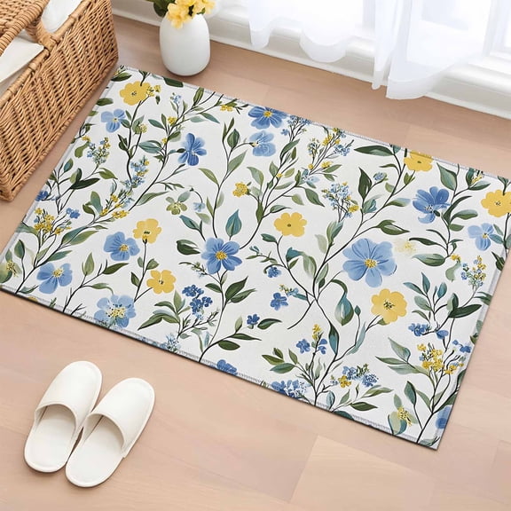 2x3 Ft Entryway Area Rug, Blue Yellow Floral Spring Kitchen Rug Runner Washable Floor Mat, Summer Botanical Pastoral Green Non Slip Indoor Door Mat Throw Carpet for Bathroom Living Room Bedroom
