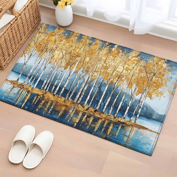 2x3 Ft Entryway Area Rug, Blue Yellow Kitchen Rug Runner Washable Floor Mat, Modern Abstract Oil Expressionism Non Slip Indoor Door Mat Throw Carpet for Bathroom Living Room Bedroom