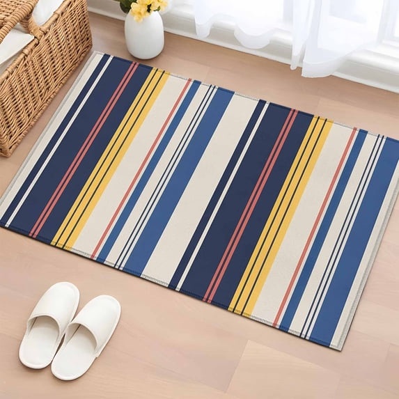 2x3 Ft Entryway Area Rug, Blue Yellow Striped Kitchen Rug Runner Washable Floor Mat, Modern Stripes Art Farmhouse Non Slip Indoor Door Mat Throw Carpet for Bathroom Living Room Bedroom
