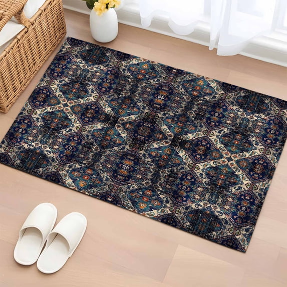 2x3 Ft Entryway Area Rug, Boho Black Blue Kitchen Rug Runner Washable Floor Mat, Modern Abstract Geometric Retro Non Slip Indoor Door Mat Throw Carpet for Bathroom Living Room Bedroom