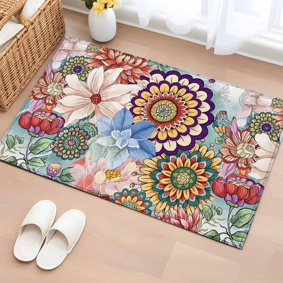2x3 Ft Entryway Area Rug, Boho Floral Kitchen Rug Runner Washable Floor Mat, Bohemia Colorful Mandalas Botanical Flower Non Slip Indoor Door Mat Throw Carpet for Bathroom Living Room Bedroom