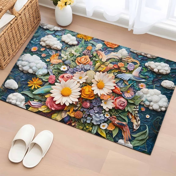 2x3 Ft Entryway Area Rug, Boho Flower Kitchen Rug Runner Washable Floor Mat, Retro Daisies Bohemia Floral Clouds Ethnic Non Slip Indoor Door Mat Throw Carpet for Bathroom Living Room Bedroom