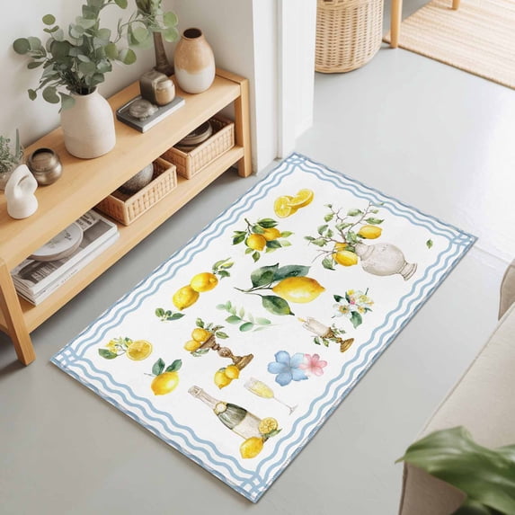 2x3 Ft Entryway Area Rug, Boho Lemons Kitchen Rug Runner Washable Floor Mat, Summer Yellow Fruits Flowers Leaf Blue Stripe Non Slip Indoor Door Mat Throw Carpet for Bathroom Living Room Bedroom