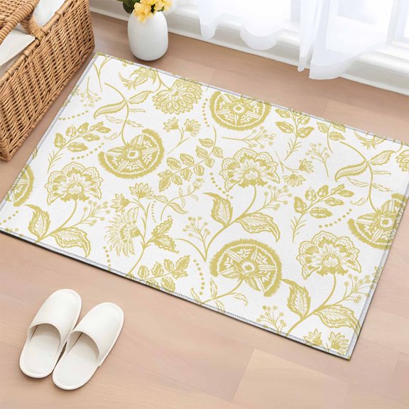 2x3 Ft Entryway Area Rug, Boho Yellow Floral Kitchen Rug Runner Washable Floor Mat, Vintage Farmhouse Paisley Plant Leaf Non Slip Indoor Door Mat Throw Carpet for Bathroom Living Room Bedroom
