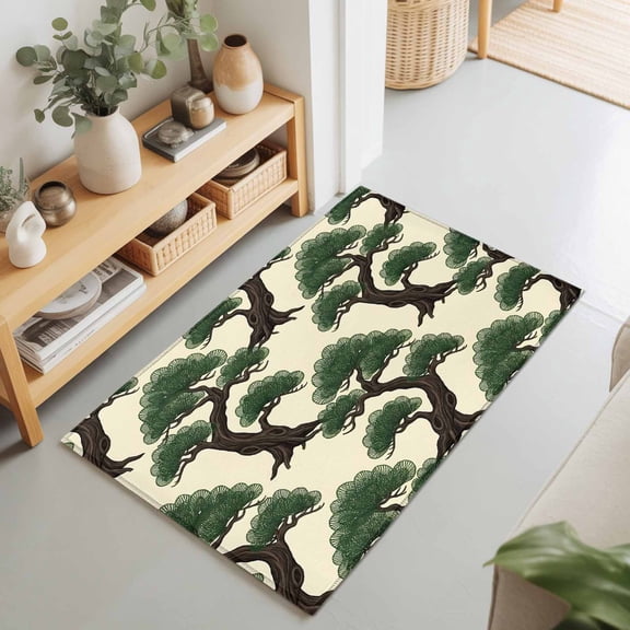2x3 Ft Entryway Area Rug, Bonsai Tree Kitchen Rug Runner Washable Floor Mat, Botanical Pine Evergreen Japanese Zen Cream Non Slip Indoor Door Mat Throw Carpet for Bathroom Living Room Bedroom