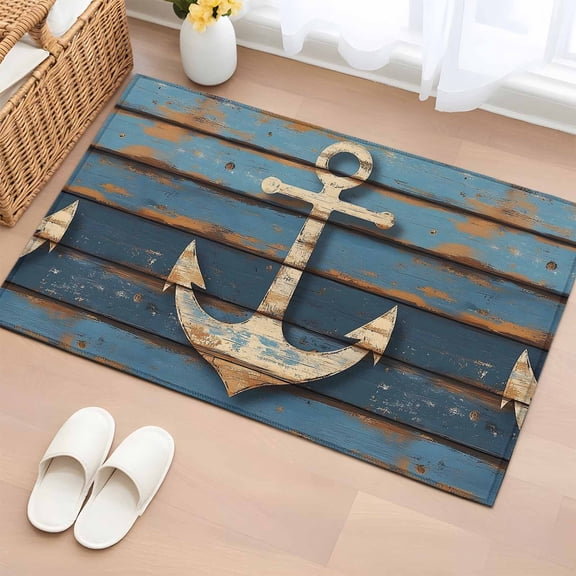 2x3 Ft Entryway Area Rug, Brown Anchor Nautical Kitchen Rug Runner Washable Floor Mat, Vintage Coastal Navy Blue Wooden Non Slip Indoor Door Mat Throw Carpet for Bathroom Living Room Bedroom
