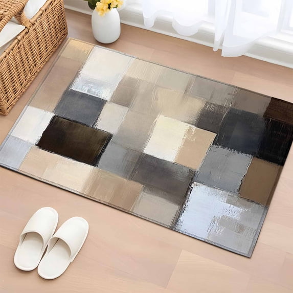 2x3 Ft Entryway Area Rug, Brown Beige Plaid Kitchen Rug Runner Washable Floor Mat, Abstract Oil Painting Checkered Non Slip Indoor Door Mat Throw Carpet for Bathroom Living Room Bedroom
