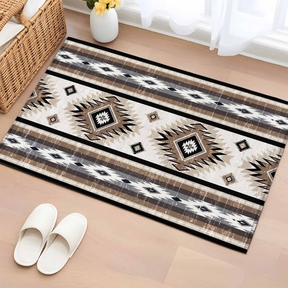 2x3 Ft Entryway Area Rug, Brown Boho Kitchen Rug Runner Washable Floor Mat, Southwestern Ethnic Aztec Retro Geometric Non Slip Indoor Door Mat Throw Carpet for Bathroom Living Room Bedroom
