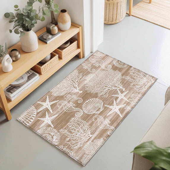 2x3 Ft Entryway Area Rug, Brown Coastal Kitchen Rug Runner Washable Floor Mat, Nautical Coral Starfish Shell Seahorse Ocean Non Slip Indoor Door Mat Throw Carpet for Bathroom Living Room Bedroom