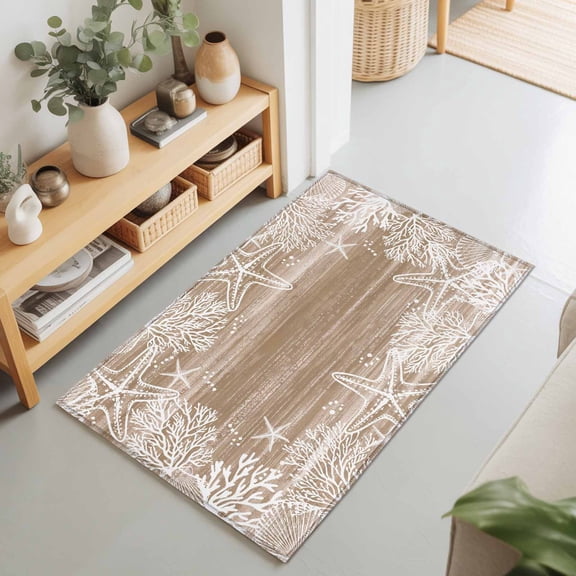 2x3 Ft Entryway Area Rug, Brown Coastal Kitchen Rug Runner Washable Floor Mat, Summer Ocean Sea Ombre Starfish Corals Non Slip Indoor Door Mat Throw Carpet for Bathroom Living Room Bedroom
