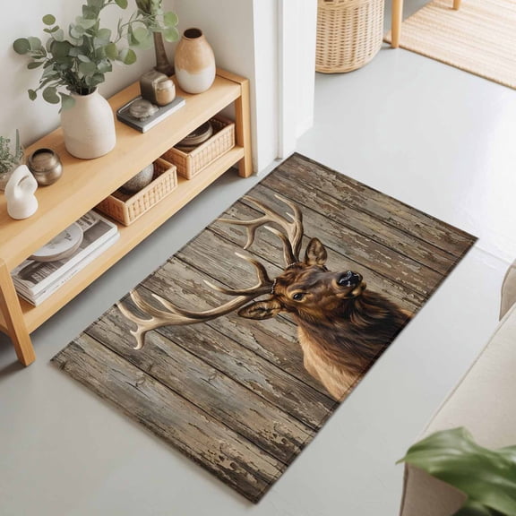 2x3 Ft Entryway Area Rug, Brown Elk Kitchen Rug Runner Washable Floor Mat, Farmhouse Animals Lodge Cabin Vintage Non Slip Indoor Door Mat Throw Carpet for Bathroom Living Room Bedroom