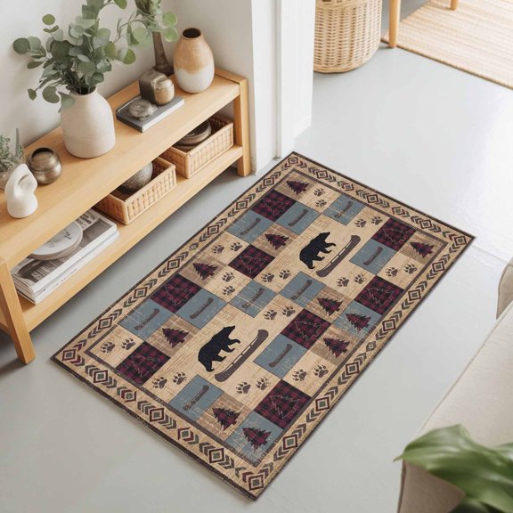 2x3 Ft Entryway Area Rug, Brown Ethnic Kitchen Rug Runner Washable Floor Mat, Black Bear Farm Plaid Pine Tree Retro Geometric Non Slip Indoor Door Mat Throw Carpet for Bathroom Living Room Bedroom