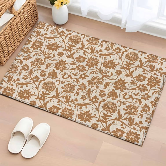 2x3 Ft Entryway Area Rug, Brown Floral Kitchen Rug Runner Washable Floor Mat, Vintage Rustic Flowers Botanical Spring Non Slip Indoor Door Mat Throw Carpet for Bathroom Living Room Bedroom