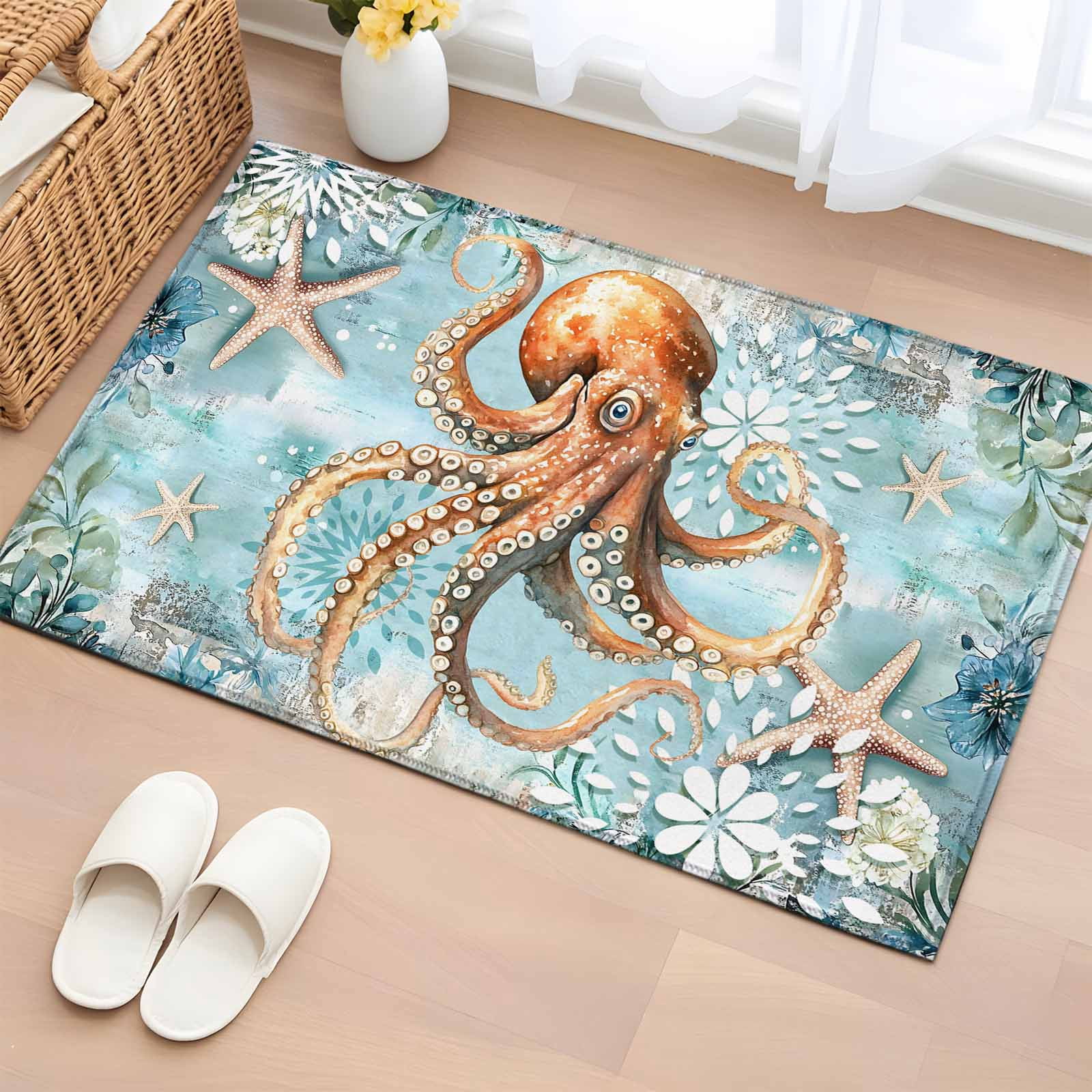 2x3 Ft Entryway Area Rug, Brown Octopus Coastal Kitchen Rug Runner ...