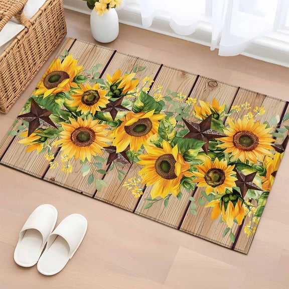 2x3 Ft Entryway Area Rug, Brown Sunflower Kitchen Rug Runner Washable Floor Mat, Rustic Country Star Spring Summer Wooden Non Slip Indoor Door Mat Throw Carpet for Bathroom Living Room Bedroom