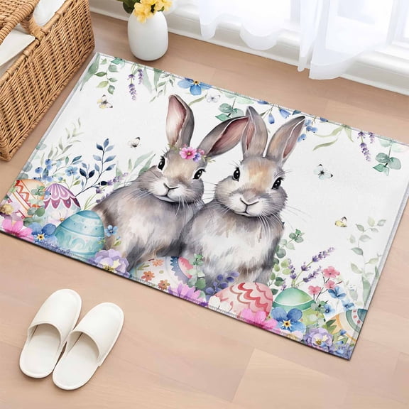 2x3 Ft Entryway Area Rug, Bunny Easter Kitchen Rug Runner Washable Floor Mat, Eucalyptus Leaves Spring Floral Eggs Weeping Non Slip Indoor Door Mat Throw Carpet for Bathroom Living Room Bedroom