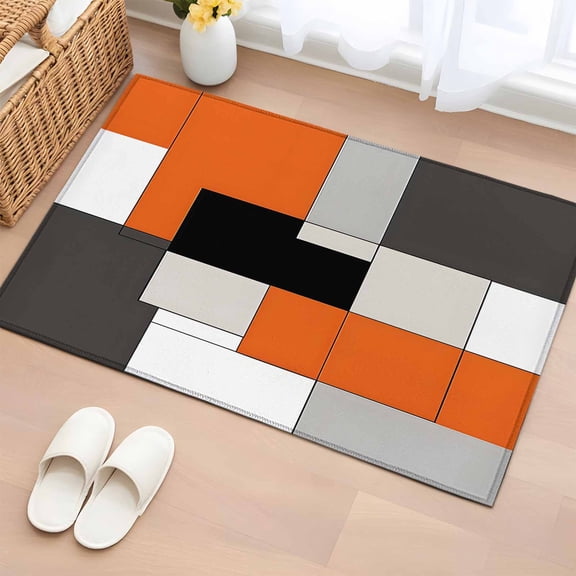 2x3 Ft Entryway Area Rug, Burnt Orange Black Kitchen Rug Runner Washable Floor Mat, Modern Abstract Geometric Non Slip Indoor Door Mat Throw Carpet for Bathroom Living Room Bedroom