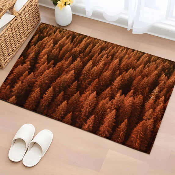2x3 Ft Entryway Area Rug, Burnt Orange Forest Kitchen Rug Runner Washable Floor Mat, Pine Trees Modern Mysterious Art Non Slip Indoor Door Mat Throw Carpet for Bathroom Living Room Bedroom