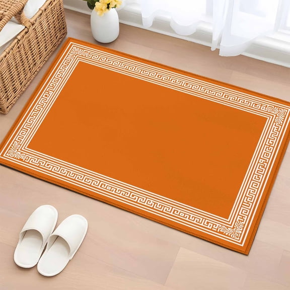 2x3 Ft Entryway Area Rug, Burnt Orange Geometric Kitchen Rug Runner Washable Floor Mat, Country Greece Key Art Non Slip Indoor Door Mat Throw Carpet for Bathroom Living Room Bedroom