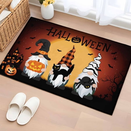 2x3 Ft Entryway Area Rug, Burnt Orange Halloween Kitchen Rug Runner Washable Floor Mat, Horror Gnomes Pumpkin Black Cat Non Slip Indoor Door Mat Throw Carpet for Bathroom Living Room Bedroom
