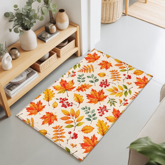 2x3 Ft Entryway Area Rug, Burnt Orange Maple Kitchen Rug Runner Washable Floor Mat, Fall Thanksgiving Leaves Farm Berries Non Slip Indoor Door Mat Throw Carpet for Bathroom Living Room Bedroom