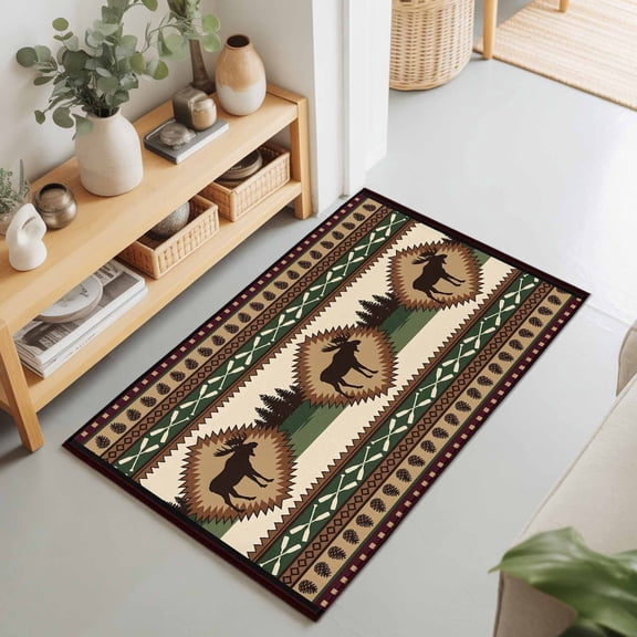 2x3 Ft Entryway Area Rug, Cabin Elk Brown Kitchen Rug Runner Washable Floor Mat, Lodge Ethnic Tribe Forest Green Non Slip Indoor Door Mat Throw Carpet for Bathroom Living Room Bedroom