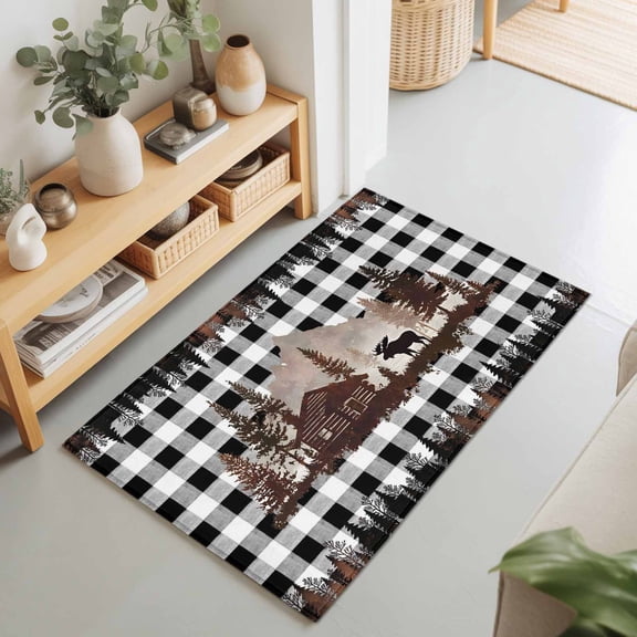 2x3 Ft Entryway Area Rug, Cabin Elk Forest Kitchen Rug Runner Washable Floor Mat, Farmhouse Pine Tree Black Plaid Non Slip Indoor Door Mat Throw Carpet for Bathroom Living Room Bedroom