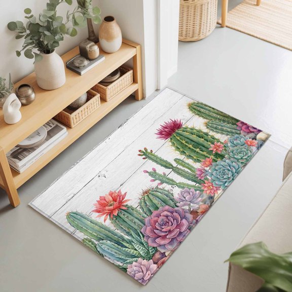 2x3 Ft Entryway Area Rug, Cactus Tropical Watercolor Kitchen Rug Runner Washable Floor Mat, Grey Wooden Summer Non Slip Indoor Door Mat Throw Carpet for Bathroom Living Room Bedroom