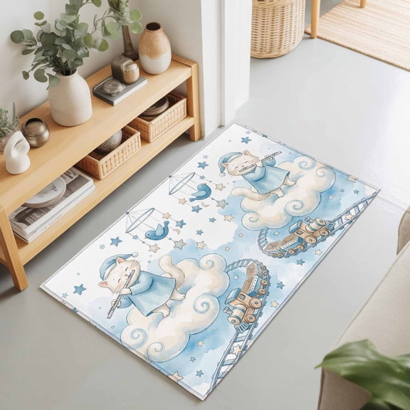 2x3 Ft Entryway Area Rug, Cartoon Cats Kitchen Rug Runner Washable Floor Mat, Cute Cats Sleeping Dreams Clouds Watercolor Non Slip Indoor Door Mat Throw Carpet for Bathroom Living Room Bedroom