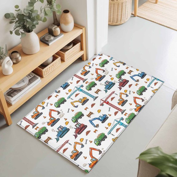 2x3 Ft Entryway Area Rug, Cartoon Construction Vehicle Kitchen Rug Runner Washable Floor Mat, Modern Excavator Crane Non Slip Indoor Door Mat Throw Carpet for Bathroom Living Room Bedroom