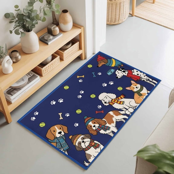 2x3 Ft Entryway Area Rug, Cartoon Dogs Kitchen Rug Runner Washable Floor Mat, Navy Blue Cute Animals Dogs Paws Prints Non Slip Indoor Door Mat Throw Carpet for Bathroom Living Room Bedroom