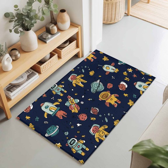 2x3 Ft Entryway Area Rug, Cartoon Space Kitchen Rug Runner Washable Floor Mat, Funny Cute Rocket Planet Navy Blue Non Slip Indoor Door Mat Throw Carpet for Bathroom Living Room Bedroom