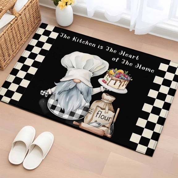 2x3 Ft Entryway Area Rug, Chef Gnomes Kitchen Rug Runner Washable Floor Mat, Black White Plaid Dessert Maker Cake Non Slip Indoor Door Mat Throw Carpet for Bathroom Living Room Bedroom
