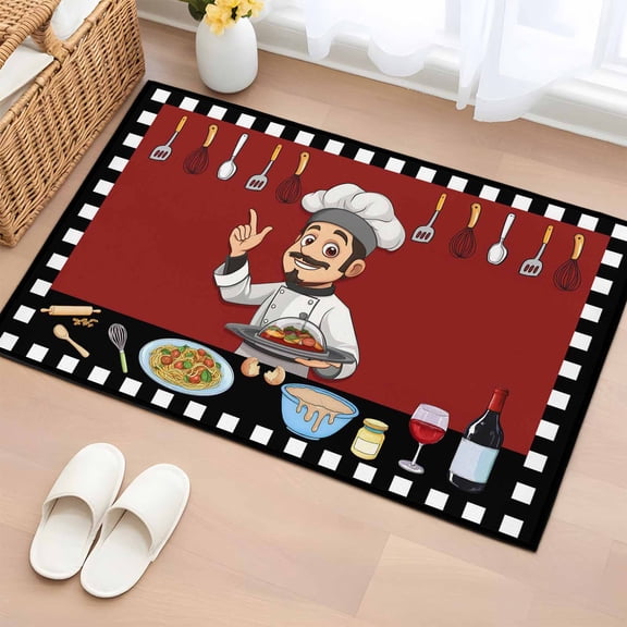 2x3 Ft Entryway Area Rug, Cheg Red Kitchen Rug Runner Washable Floor Mat, Black White Check Buffalo Plaid Grid Lattice Non Slip Indoor Door Mat Throw Carpet for Bathroom Living Room Bedroom