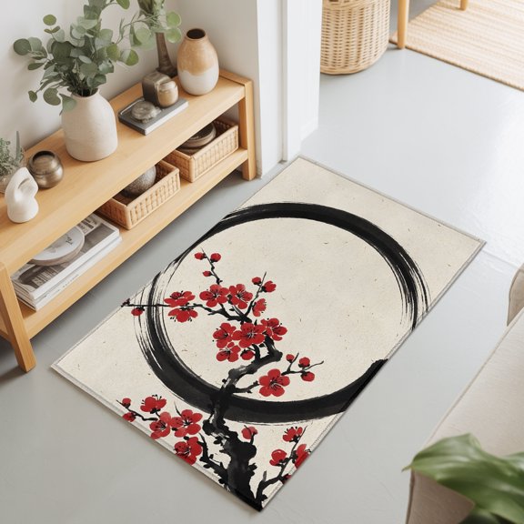 2x3 Ft Entryway Area Rug, Cherry Blossom Kitchen Rug Runner Washable Floor Mat, Asian Japanese Red Plum Flower Retro Beige Non Slip Indoor Door Mat Throw Carpet for Bathroom Living Room Bedroom