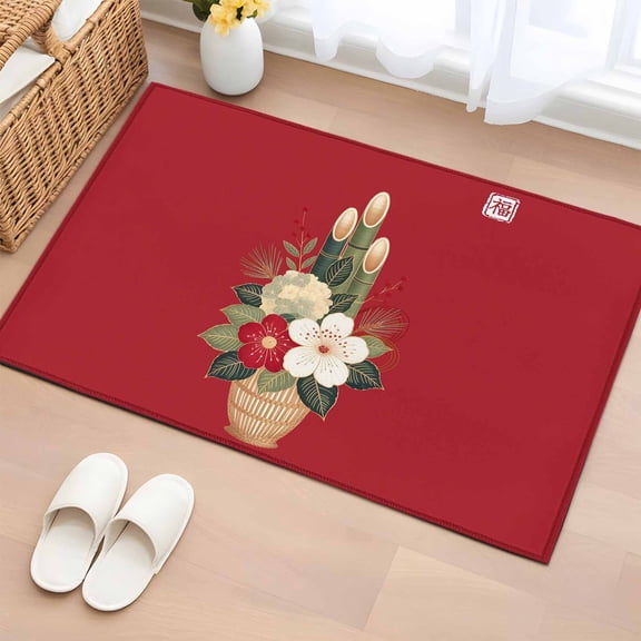 2x3 Ft Entryway Area Rug, Cherry Blossoms Kitchen Rug Runner Washable Floor Mat, Japanese Spring Floral Leaves Rustic Red Non Slip Indoor Door Mat Throw Carpet for Bathroom Living Room Bedroom