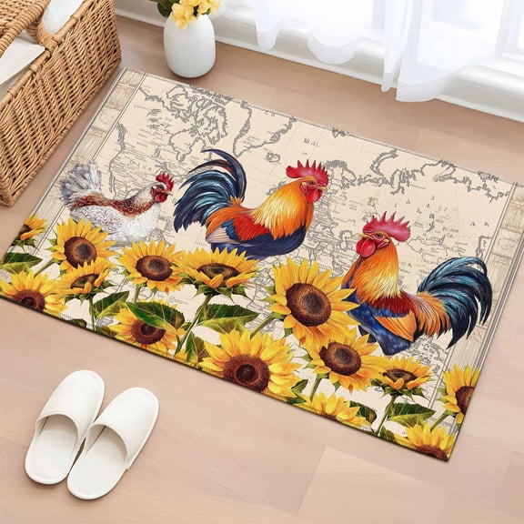 2x3 Ft Entryway Area Rug, Chicken Sunflowers Kitchen Rug Runner Washable Floor Mat, Farmhouse Vintage Map Floral Animals Non Slip Indoor Door Mat Throw Carpet for Bathroom Living Room Bedroom