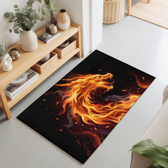 2x3 Ft Entryway Area Rug, Chinese Style Kitchen Rug Runner Washable Floor Mat, Fantasy Dragon Orange Gradient Fire Non Slip Indoor Door Mat Throw Carpet for Bathroom Living Room Bedroom