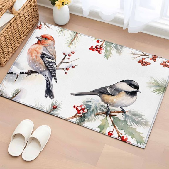 2x3 Ft Entryway Area Rug, Christmas Birds Kitchen Rug Runner Washable Floor Mat, Xmas Berry Winter Snowflake Birds Non Slip Indoor Door Mat Throw Carpet for Bathroom Living Room Bedroom