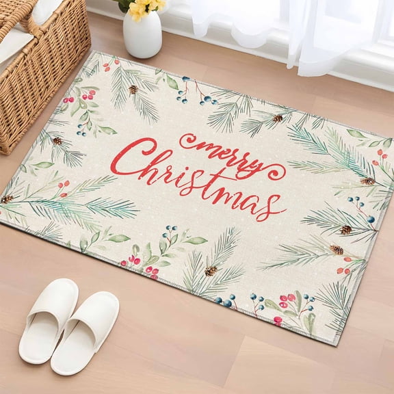 2x3 Ft Entryway Area Rug, Christmas Kitchen Rug Runner Washable Floor Mat, Xmas Botanical Snowflake Pine Cones Rustic Non Slip Indoor Door Mat Throw Carpet for Bathroom Living Room Bedroom